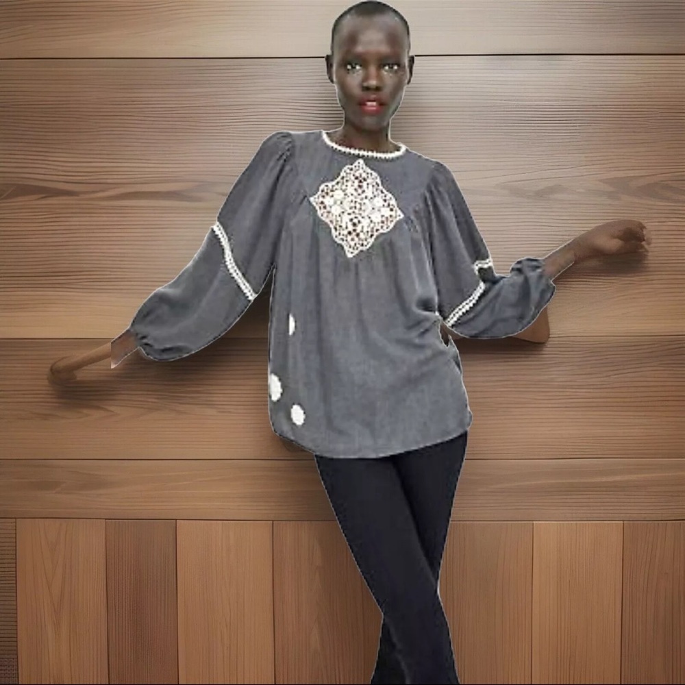 ZARA Blouse Womens X-Small Gray Crochet Detail Long Balloon Sleeve Oversized Top